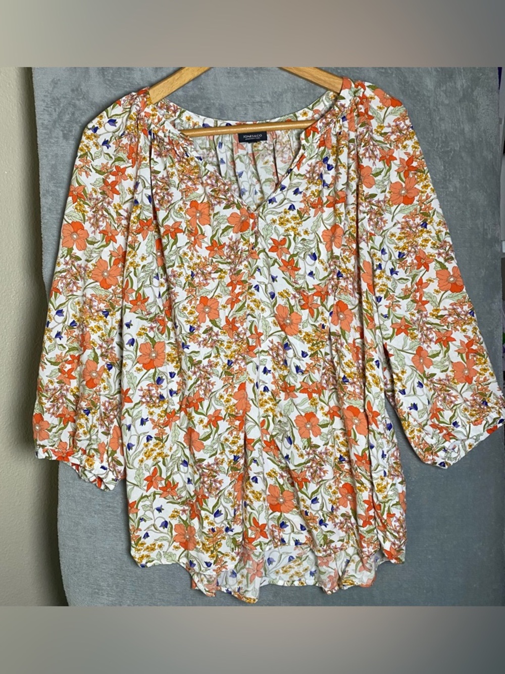 Jones & Co Long Sleeve Floral Modest V- neck blouse work church size 2x
